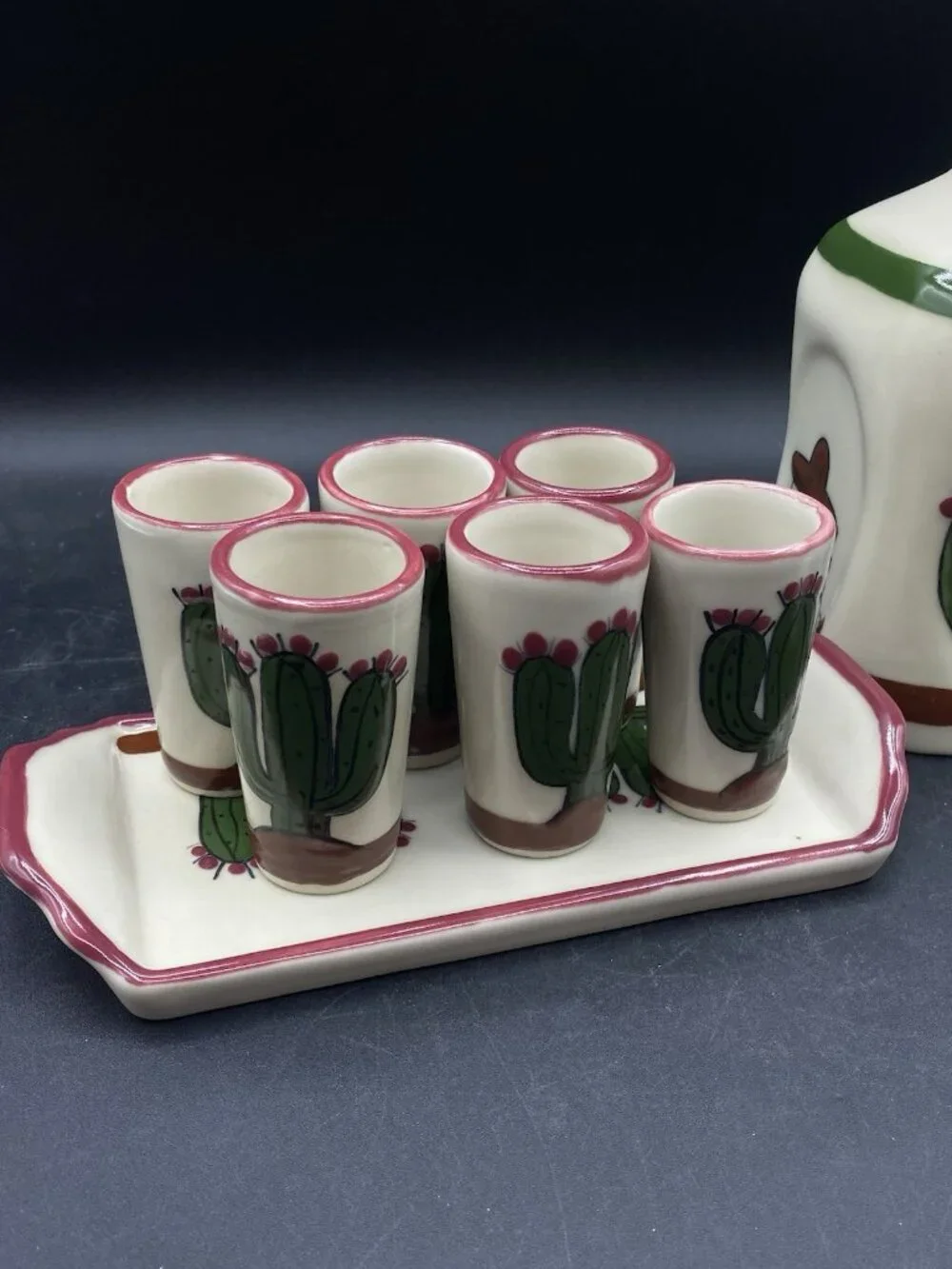 LM Mexico Tequila Sombrero Cactus Set Shot Glasses Salt Shaker Tray Vitrified ￼